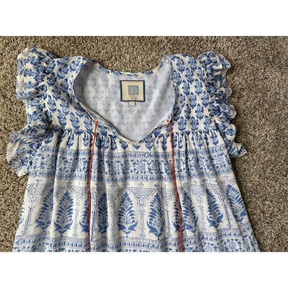 Bell by Alicia Bell Blue White Tunic Mini Dress Size Small Silk Cotton Blend - Picture 2 of 10